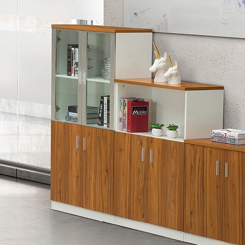 Wooden office storage cabinet with glass doors and closed lower storage