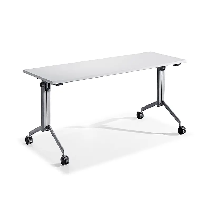 White mobile training table with wheels and flip-top design