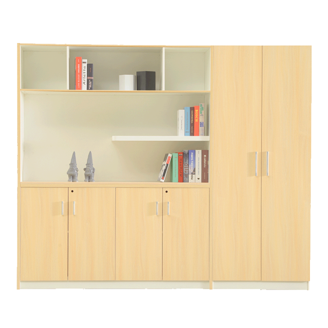 Woodgrain office storage cabinet with open shelves and enclosed doors for files and supplies