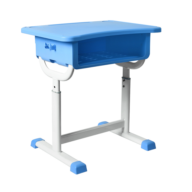 Blue adjustable student desk with a storage tray and white metal frame
