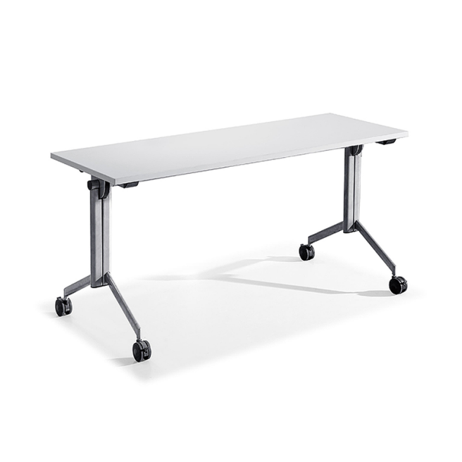 Light wood flip-top training table with a modesty panel and caster wheels