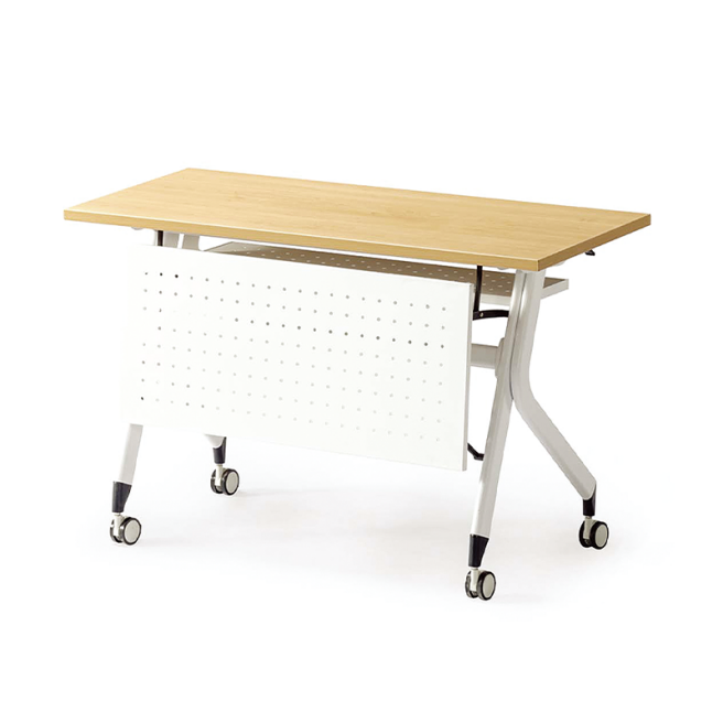 Mobile white flip-top training table with a folding frame and locking casters