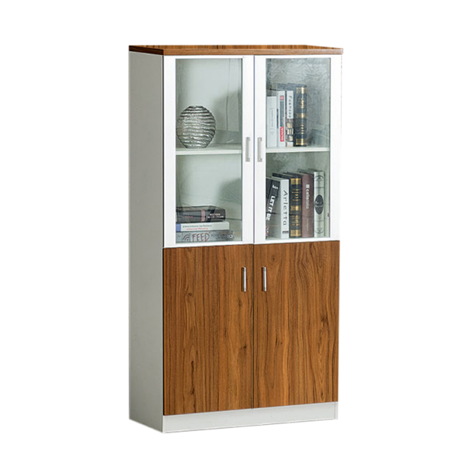 Tall woodgrain office storage cabinet with glass doors and lower enclosed storage compartments
