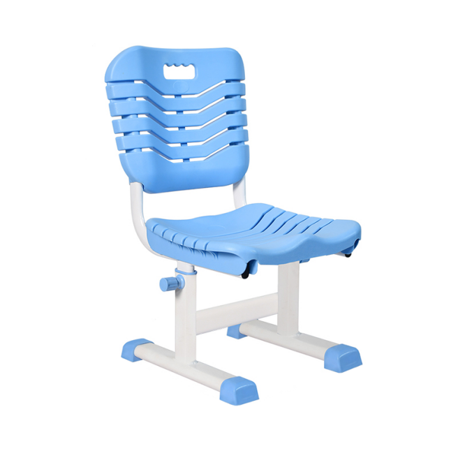 Blue adjustable student chair with a ventilated backrest and white metal frame